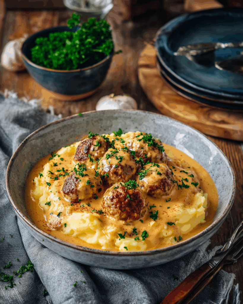 Herzhafte Hackbällchen in cremiger Sauce mit Kartoffelpüree – Das perfekte Mittagessen für die Familie, schnell & sättigend