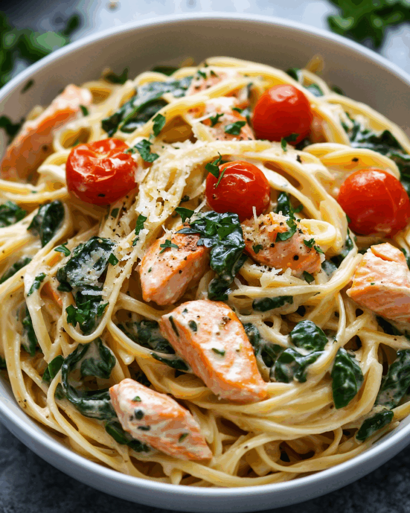 Cremige Knoblauch-Lachs-Pasta mit Spinat und Cherrytomaten: Ein Genuss für alle Sinne