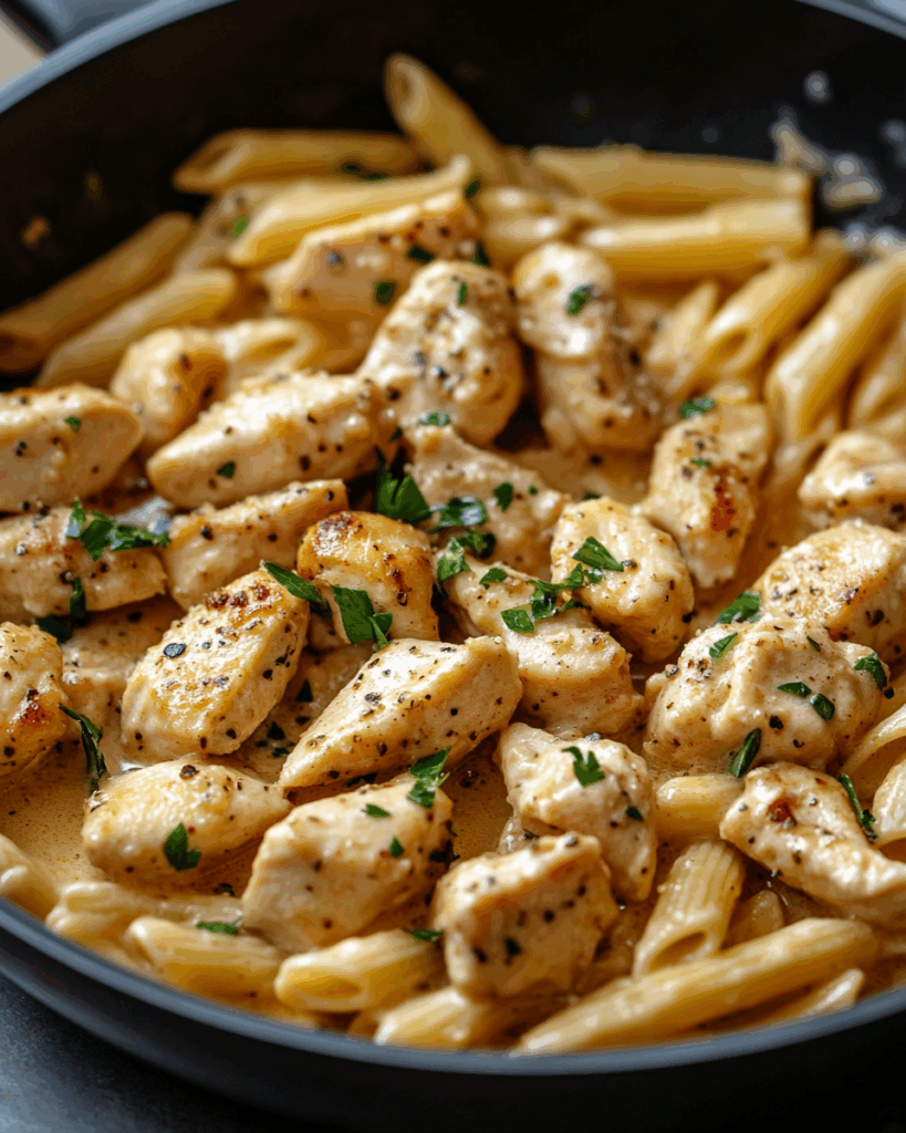 Knusprige Knoblauch ‑ Butter ‑Hähnchenstücke mit cremiger Parmesan‑Pasta