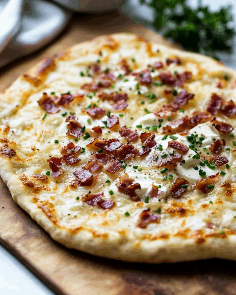 Sauerrahm-Pizza mit Zwiebeln und Speck (Flammkuchen): Ein traditioneller Genuss aus dem Elsass