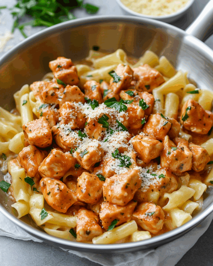 Knoblauch-Butter-Hähnchenstücke mit cremiger Parmesan-Pasta