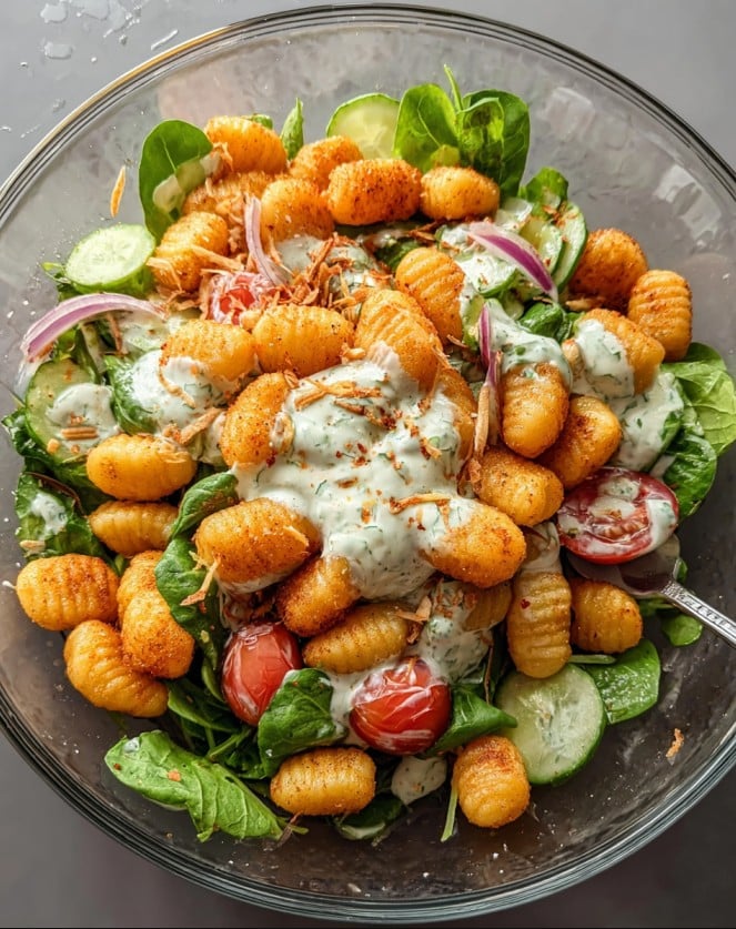 Gesundes Essen Aesthetic: Knuspriger Gnocchi-Salat mit Joghurt-Dressing – Ein erfrischendes Sommergericht