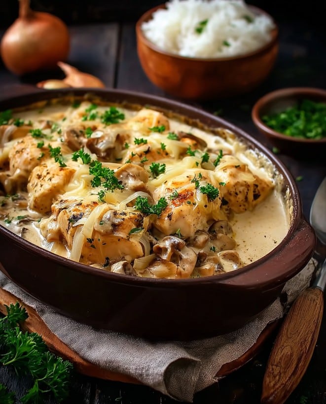Zwiebel-Sahne-Hähnchen aus dem Ofen – Cremiger Klassiker unter den Hähnchen Rezepte Backofen