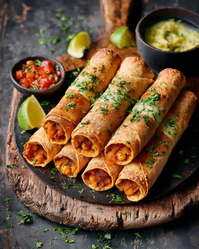 Rezepttitel: Knusprige Kichererbsen Taquitos – Ein spicy veganes Rezept für den ultimativen Snackgenuss