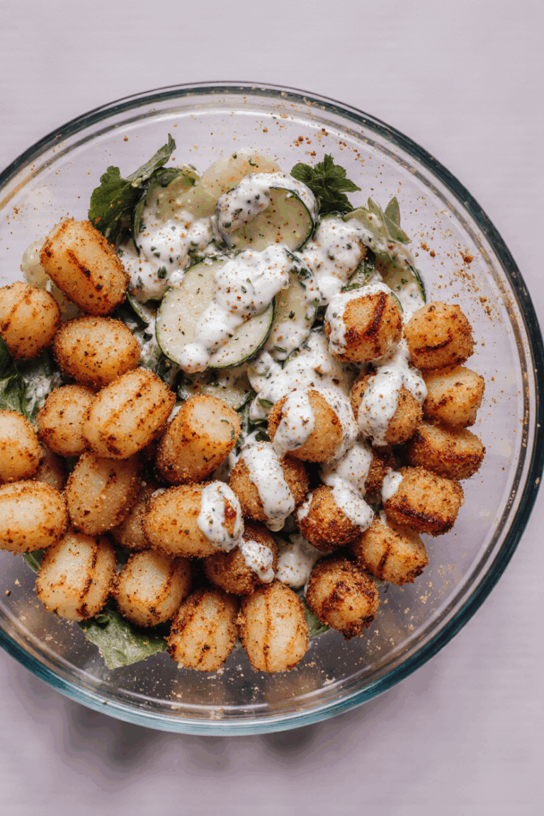 Gesundes Essen Aesthetic: Knuspriger Gnocchi-Salat mit Joghurt-Dressing – Sommerlich leicht, cremig & unwiderstehlich knusprig