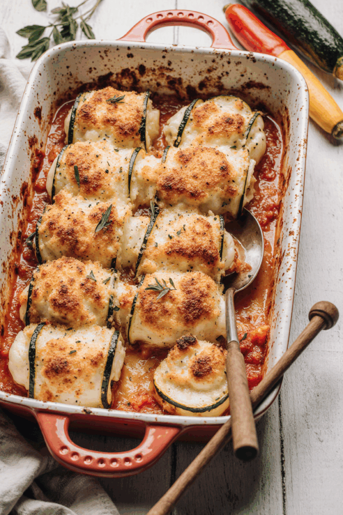 Gratinierte Zucchini-Ricotta-Röllchen mit Tomaten und Mozzarella – Ein leichtes Sommergericht