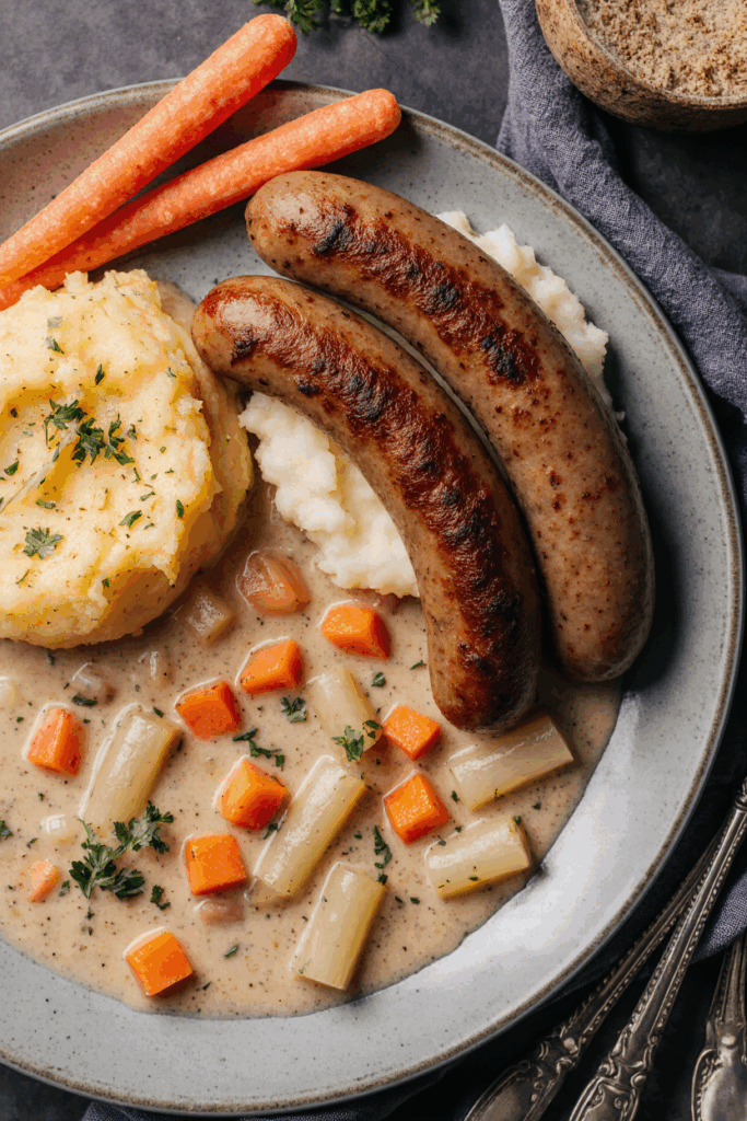 Kohlrabi-Gemüse in heller Soße mit Kartoffelpüree und Bratwurst – Ein herzhaftes und sättigendes Gericht