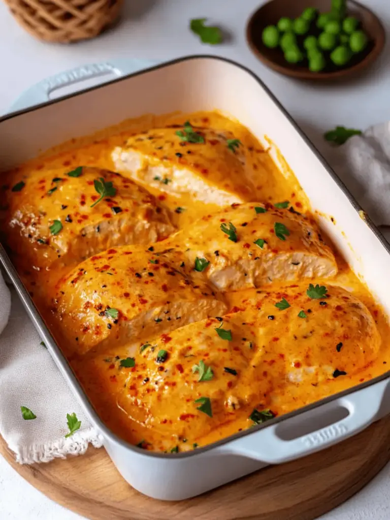 Chicken breast in cream cheese sauce with bell pepper and zucchini from the oven