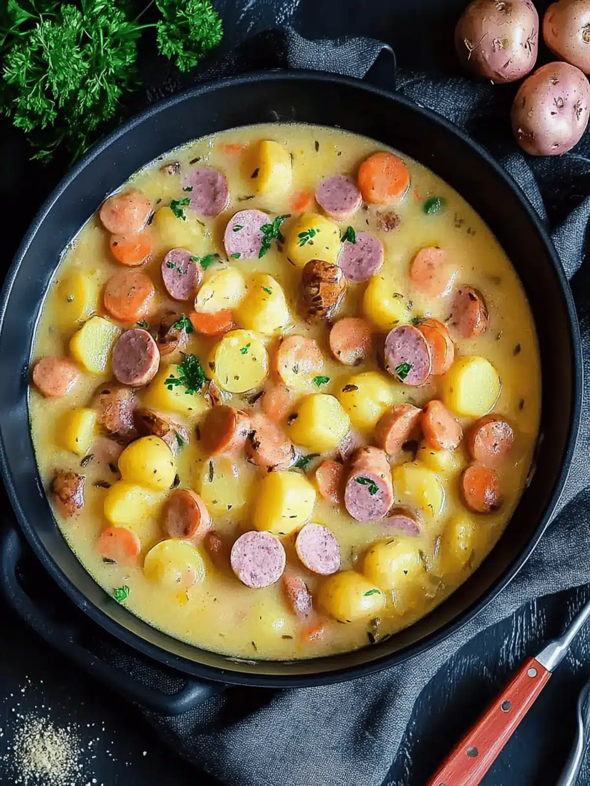 Eintopf mit Kartoffeln und Würstchen