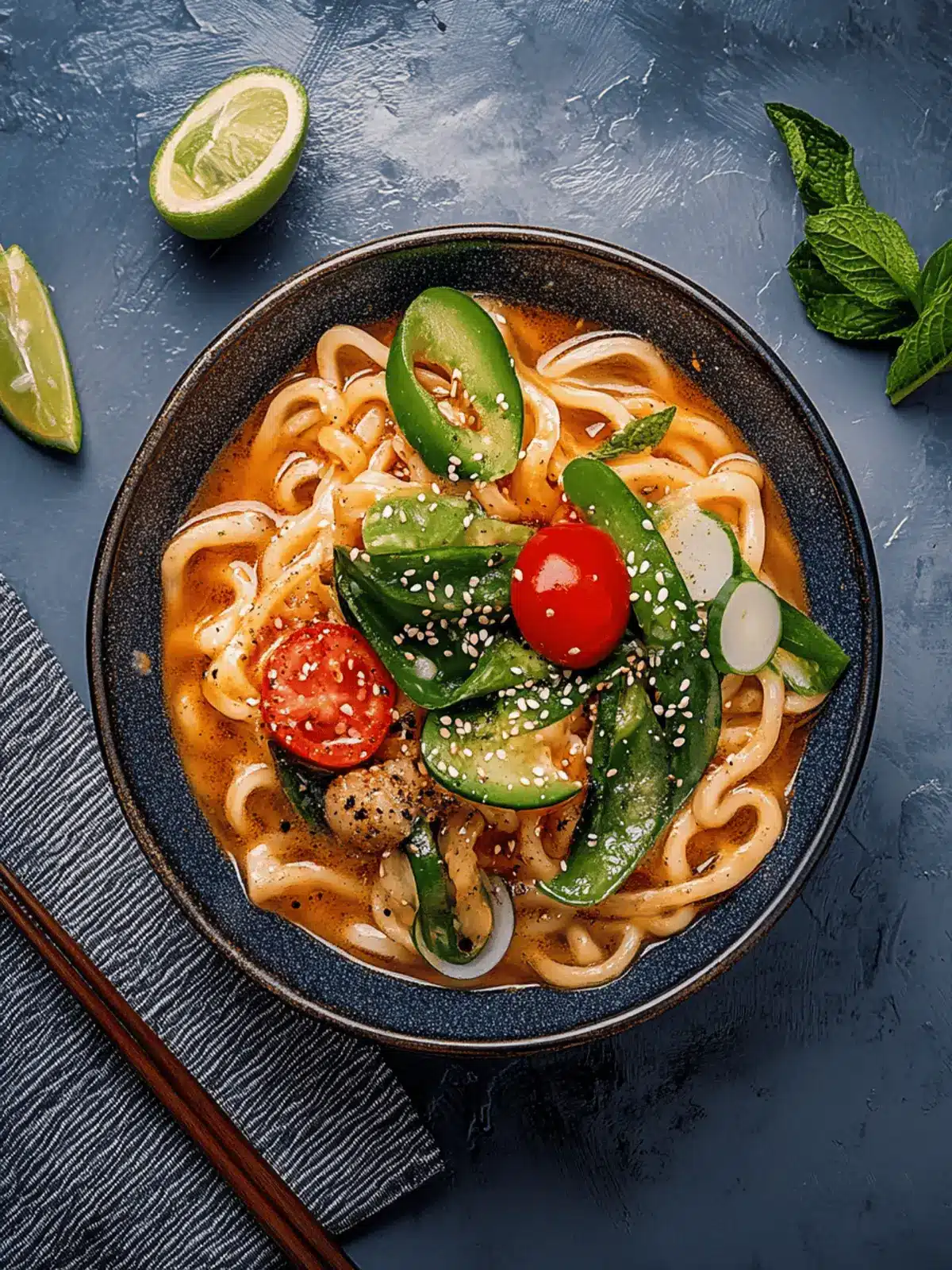 Asiatische Udon-Nudelpfanne mit Erdnusssauce und Chili