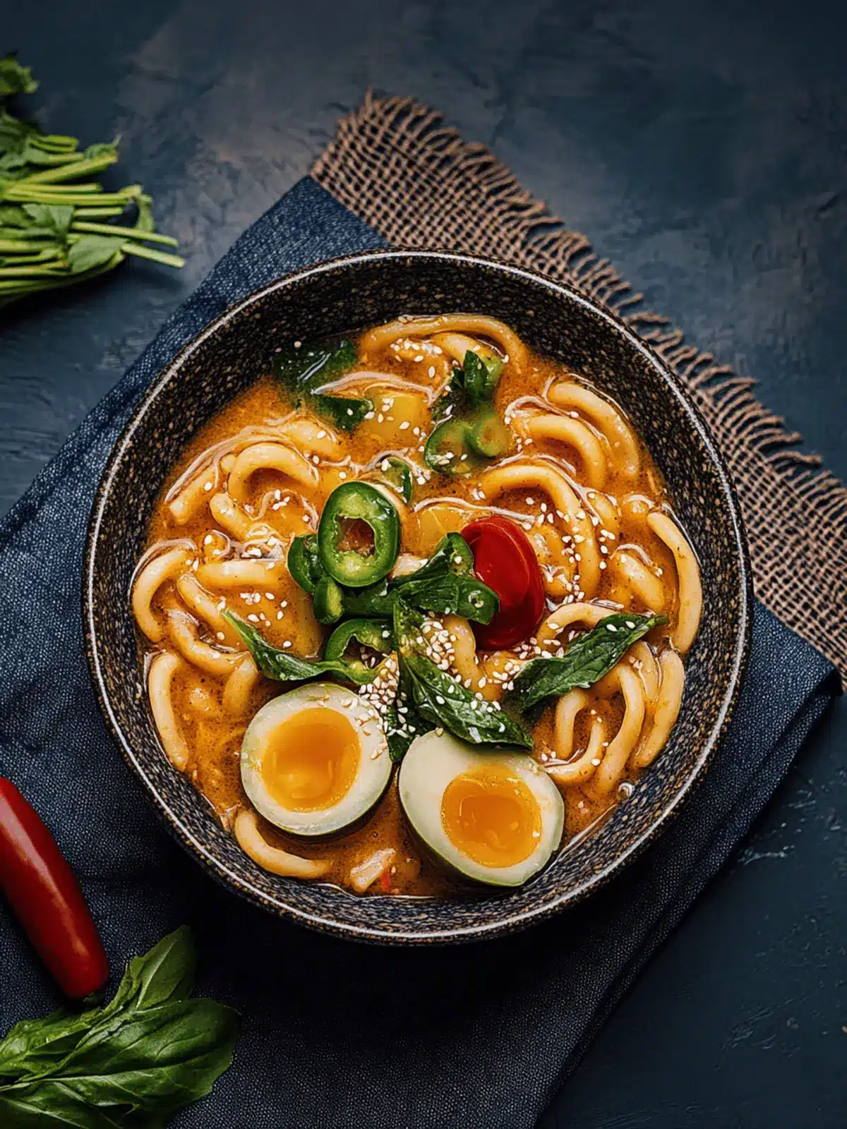Asiatische Udon-Nudelpfanne mit Erdnusssauce und Chili