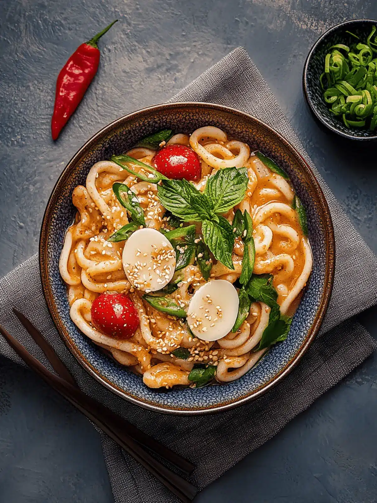 asiatische Udon-Nudeln Pfannengericht mit Erdnusssauce und Chili