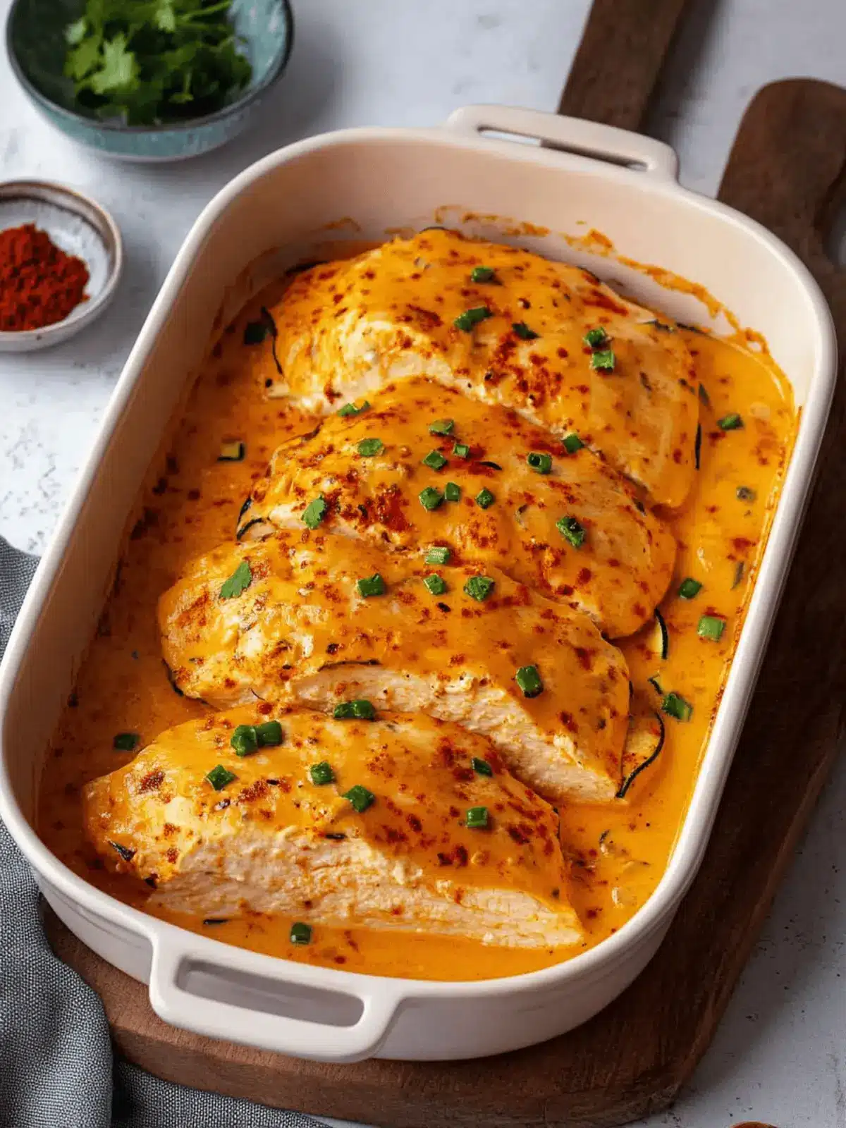 Chicken breast in cream cheese sauce with bell pepper and zucchini from the oven