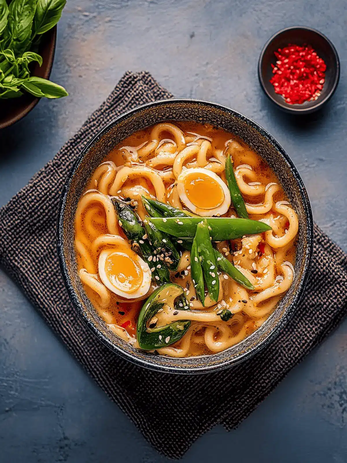 asiatische Udon-Nudeln Pfannengericht mit Erdnusssauce und Chili