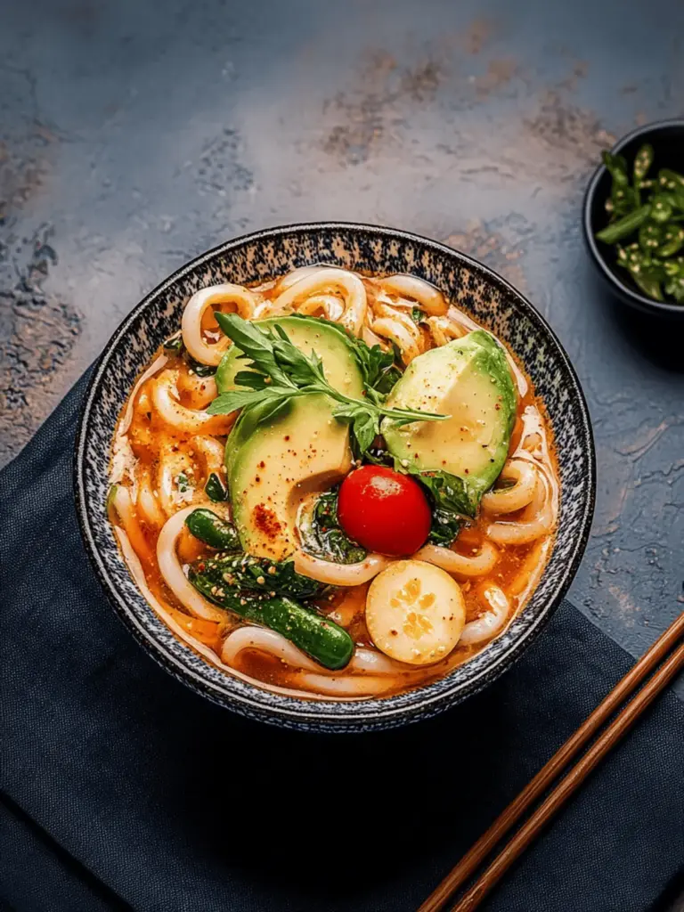 Asiatische Udon-Nudelpfanne mit Erdnusssauce und Chili