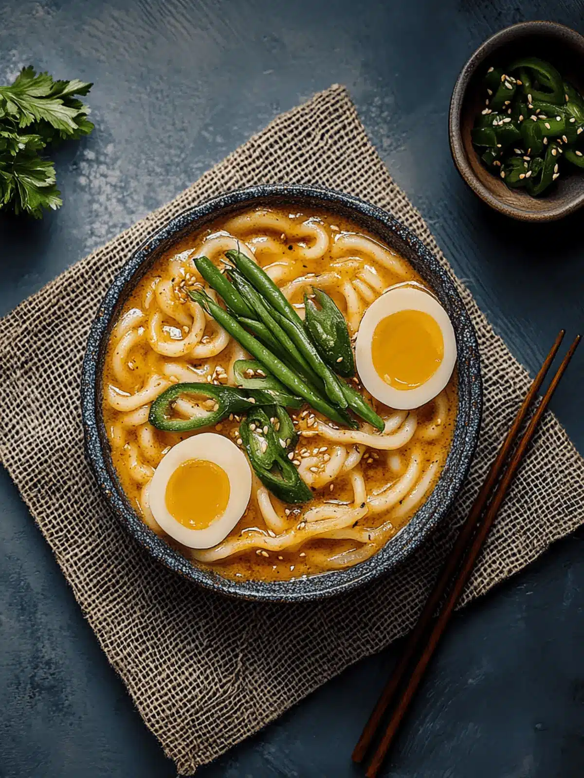 asiatische Udon-Nudeln Pfannengericht mit Erdnusssauce und Chili