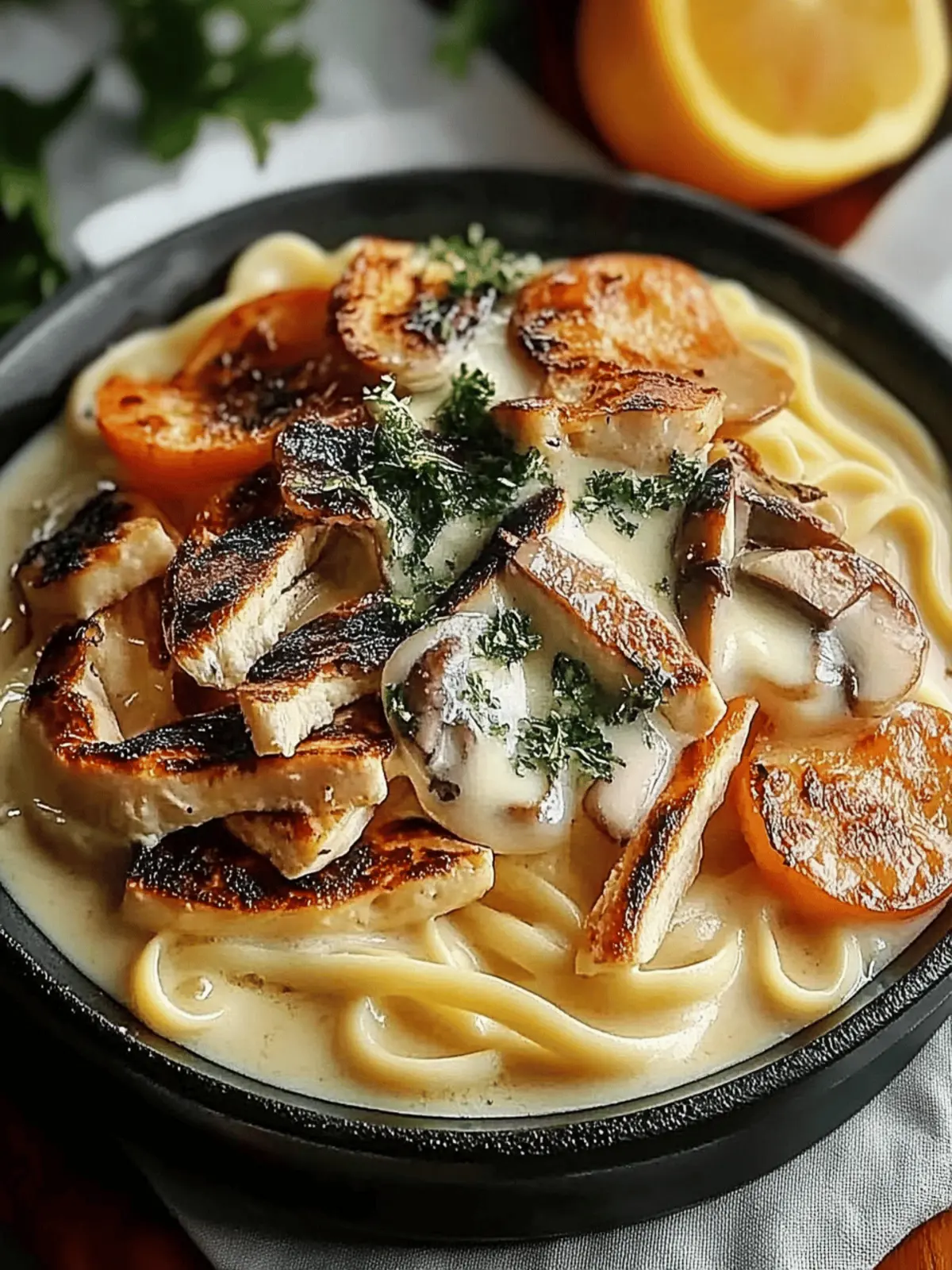 Cremige Pilz Udon Hühnchen