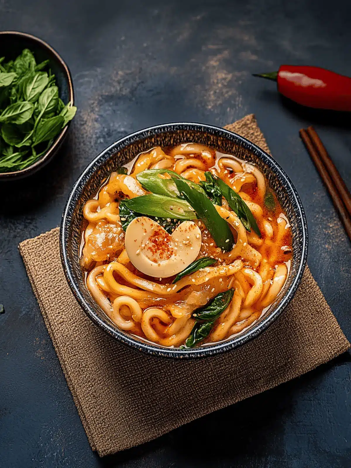 asiatische Udon-Nudeln Pfannengericht mit Erdnusssauce und Chili