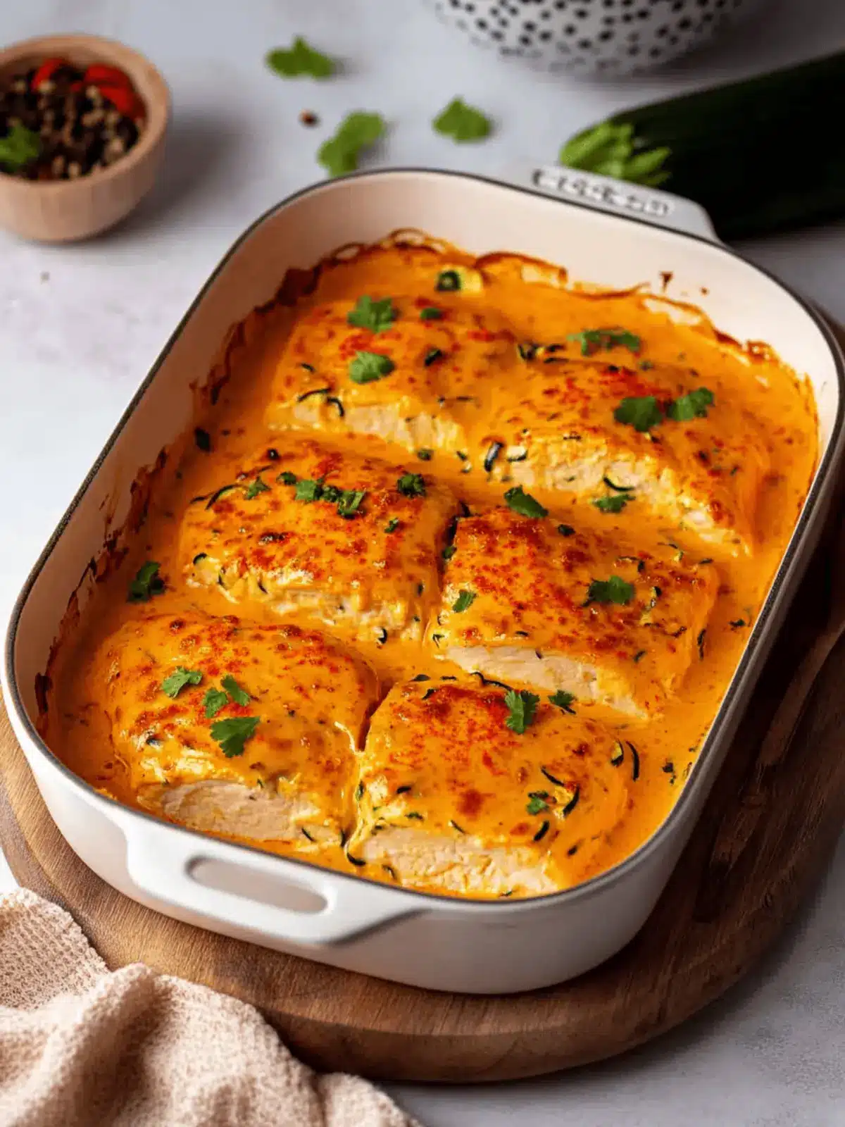 Chicken breast in cream cheese sauce with bell pepper and zucchini from the oven