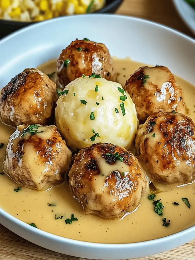 Fleischkügelchen in einer cremigen Soße mit Kartoffelpüree