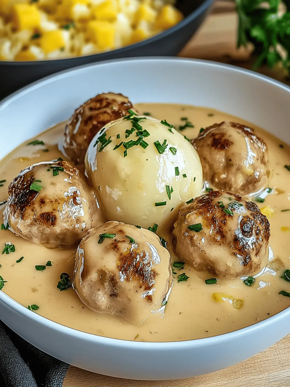 Fleischkügelchen in cremiger Soße mit Kartoffelpüree 2 Fleischkügelchen in einer cremigen Soße mit Kartoffelpüree