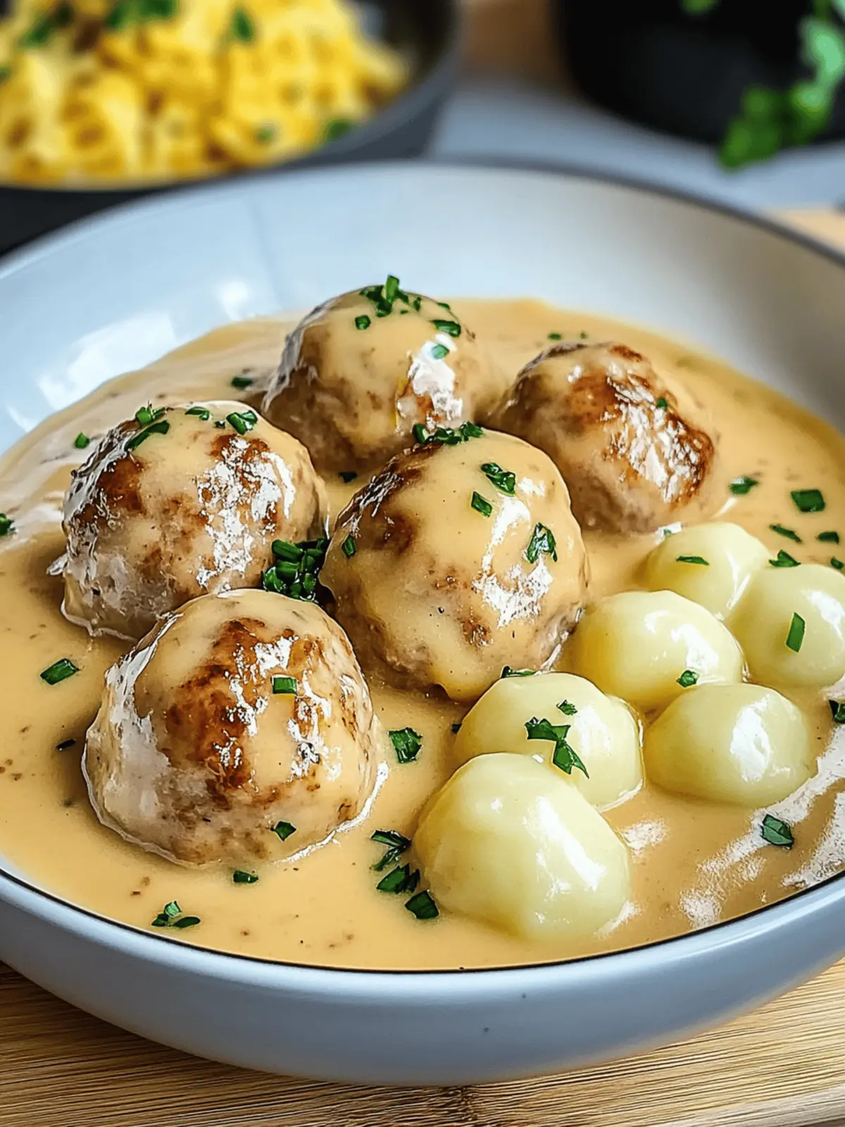 Fleischkügelchen in cremiger Soße mit Kartoffelpüree 4 Fleischkügelchen in einer cremigen Soße mit Kartoffelpüree