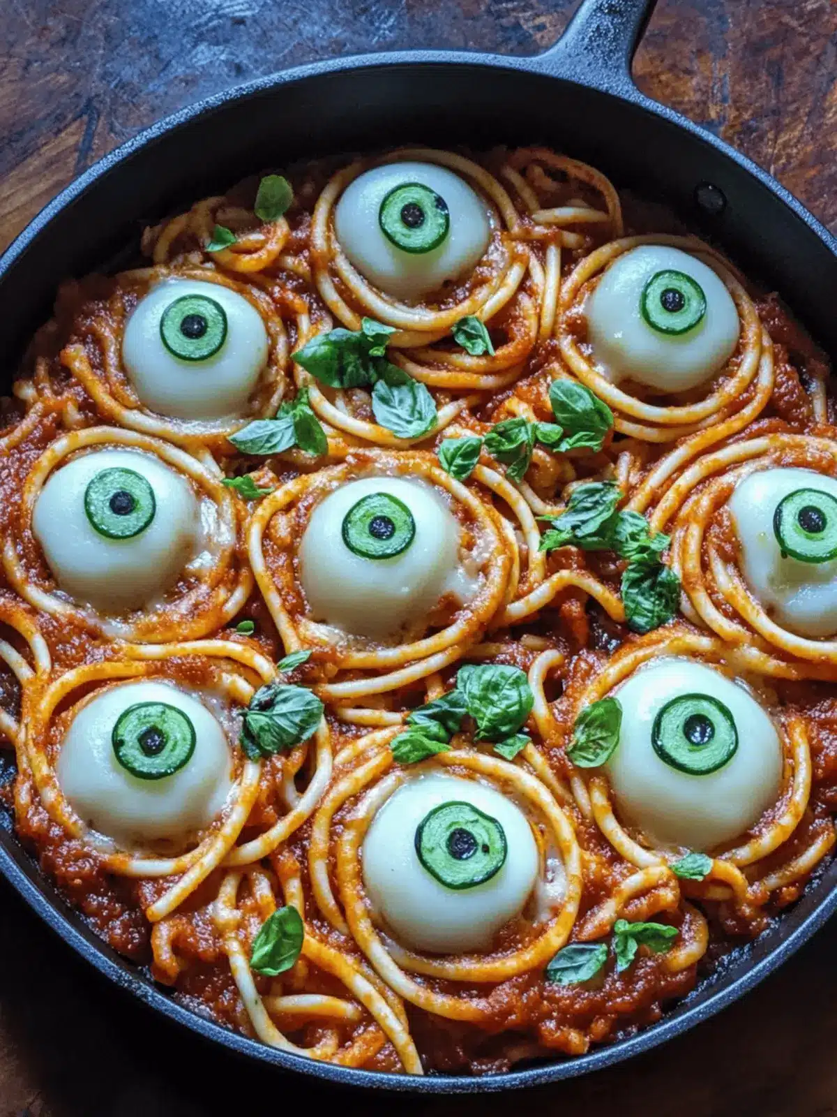 Blutige Spaghetti mit Mozzarella-Augen für Halloween 4 Blutige Spaghetti mit Mozzarella-Augen
