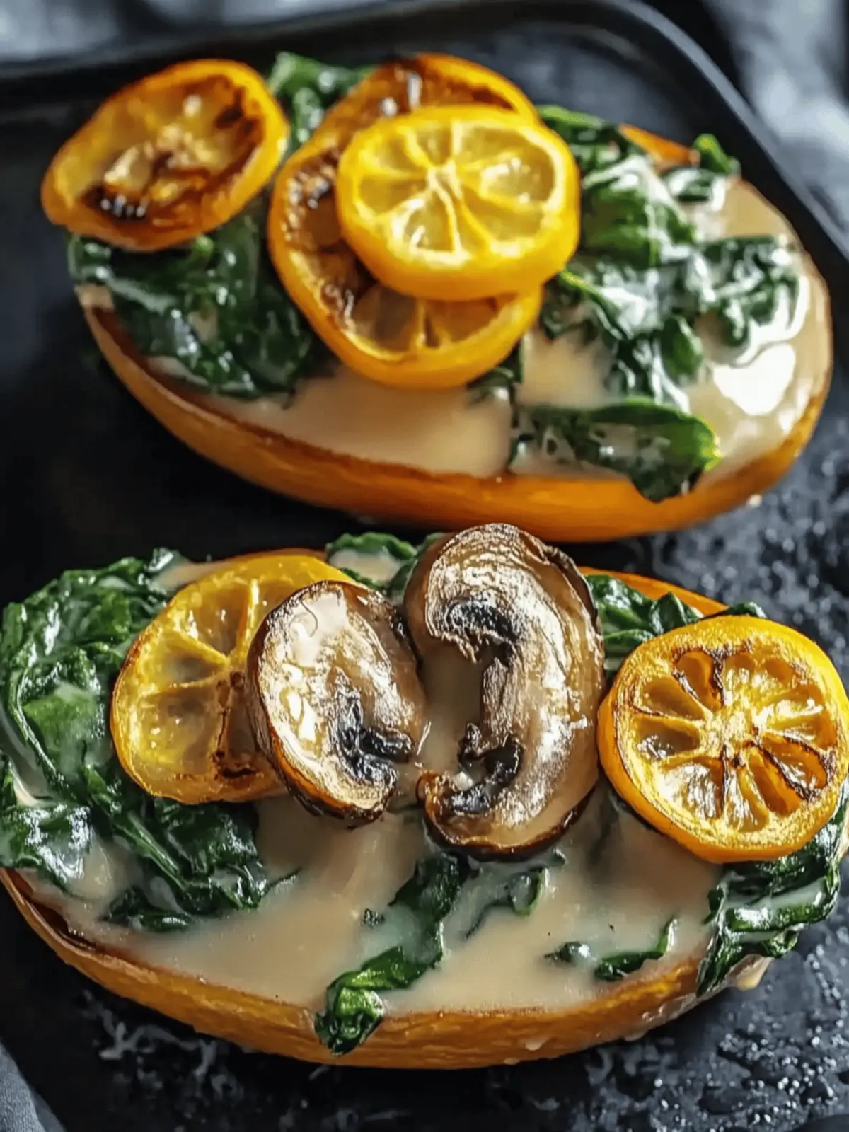 Gefüllte Süßkartoffeln mit Champignons und Spinat 2 Stuffed sweet potatoes with mushrooms and spinach
