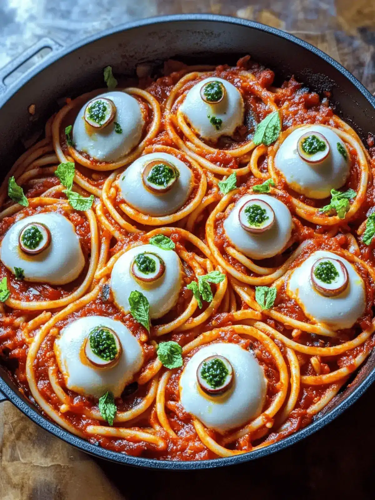 Blutige Spaghetti mit Mozzarella-Augen für Halloween 2 Blutige Spaghetti mit Mozzarella-Augen