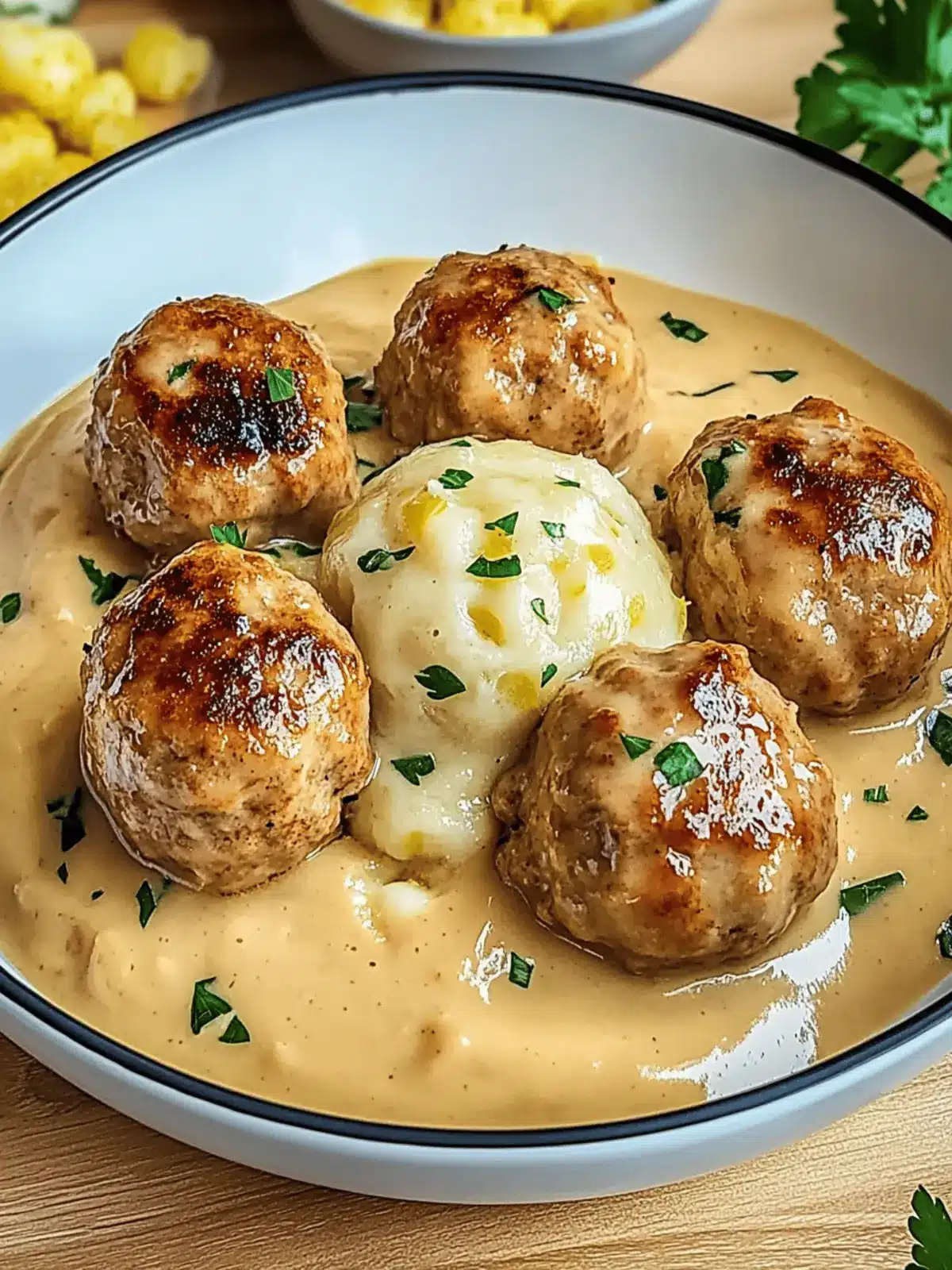 Fleischkügelchen in cremiger Soße mit Kartoffelpüree 3 Fleischkügelchen in einer cremigen Soße mit Kartoffelpüree