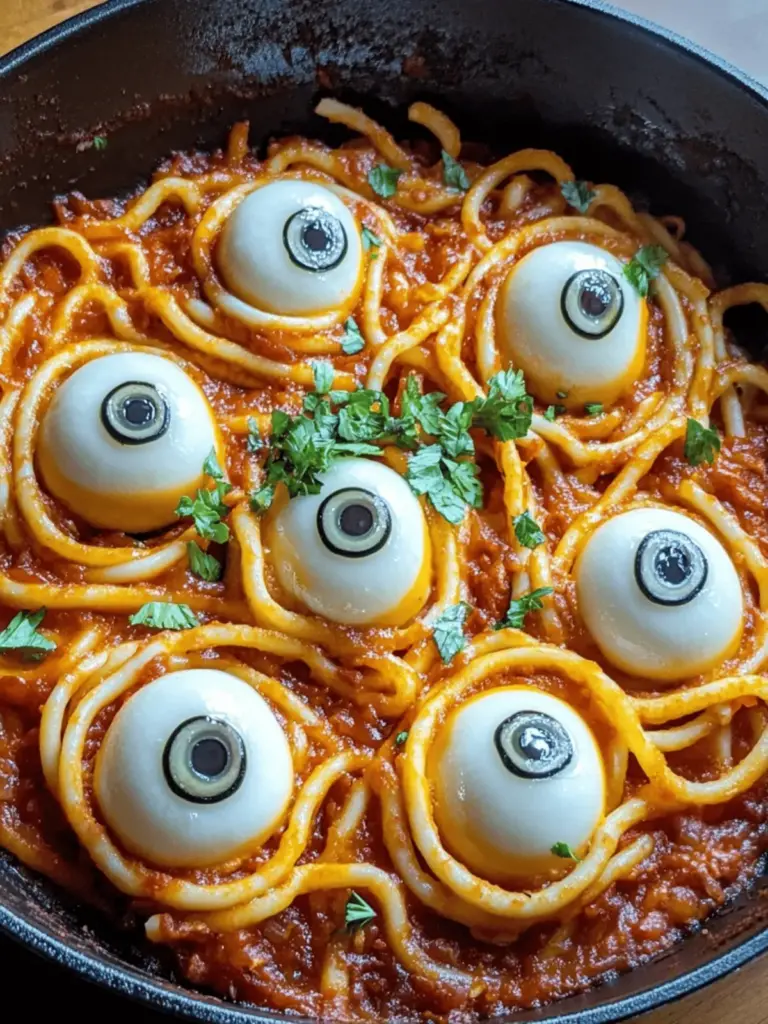 Blutige Spaghetti mit Mozzarella-Augen