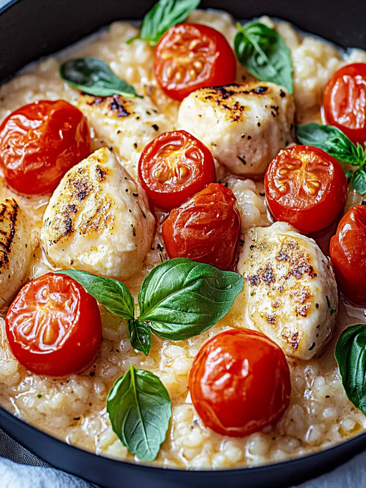 Cremiges Hähnchen-Reis-Pfannengericht mit Tomaten und Mozzarella