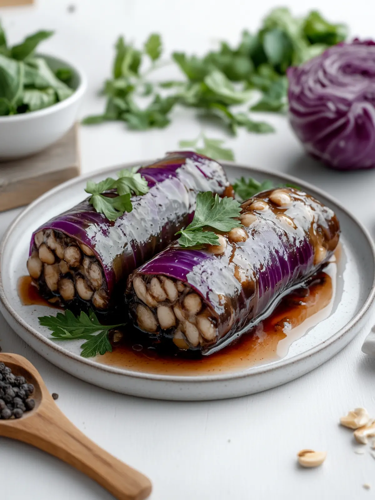 Rotkohl-Rollen gefüllt mit Reis für besondere Anlässe 4 Rotkohl-Rollen gefüllt mit Reis sind perfekt für besondere Anlässe