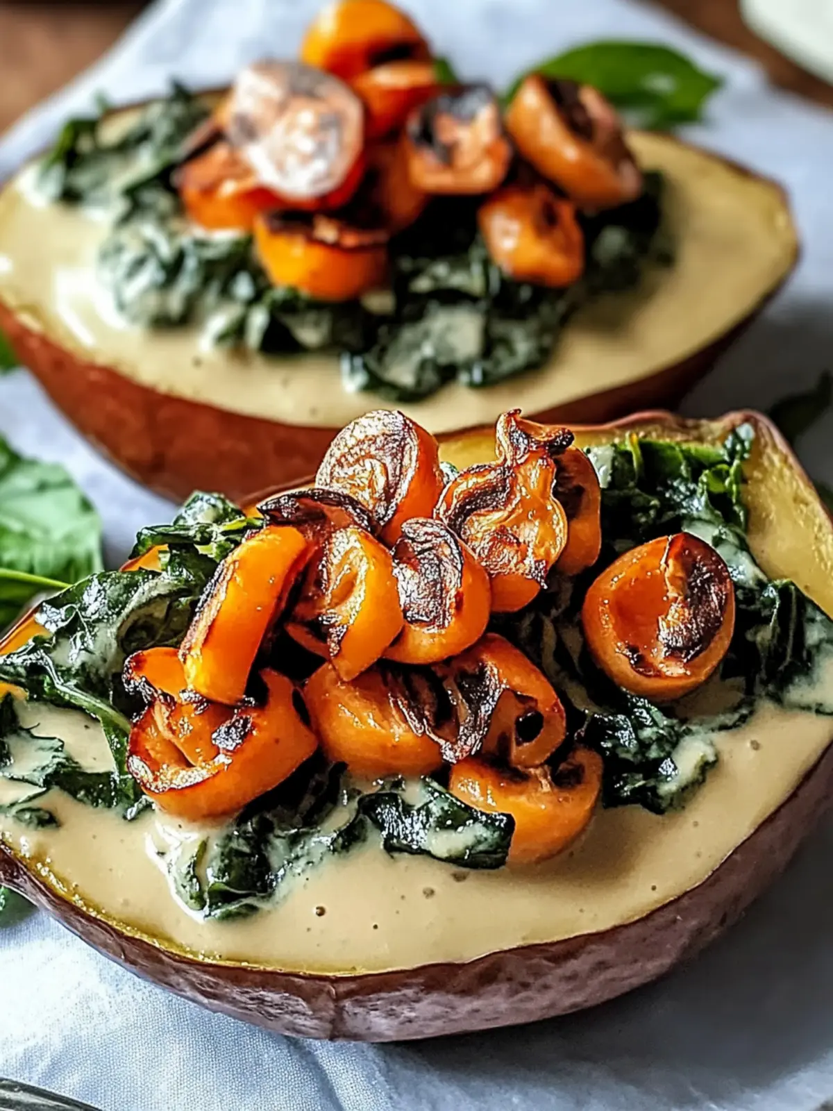 Cremige gefüllte Süßkartoffeln mit Pilzen und Spinat 4 Creamy, filled with mushrooms and spinach sweet potatoes