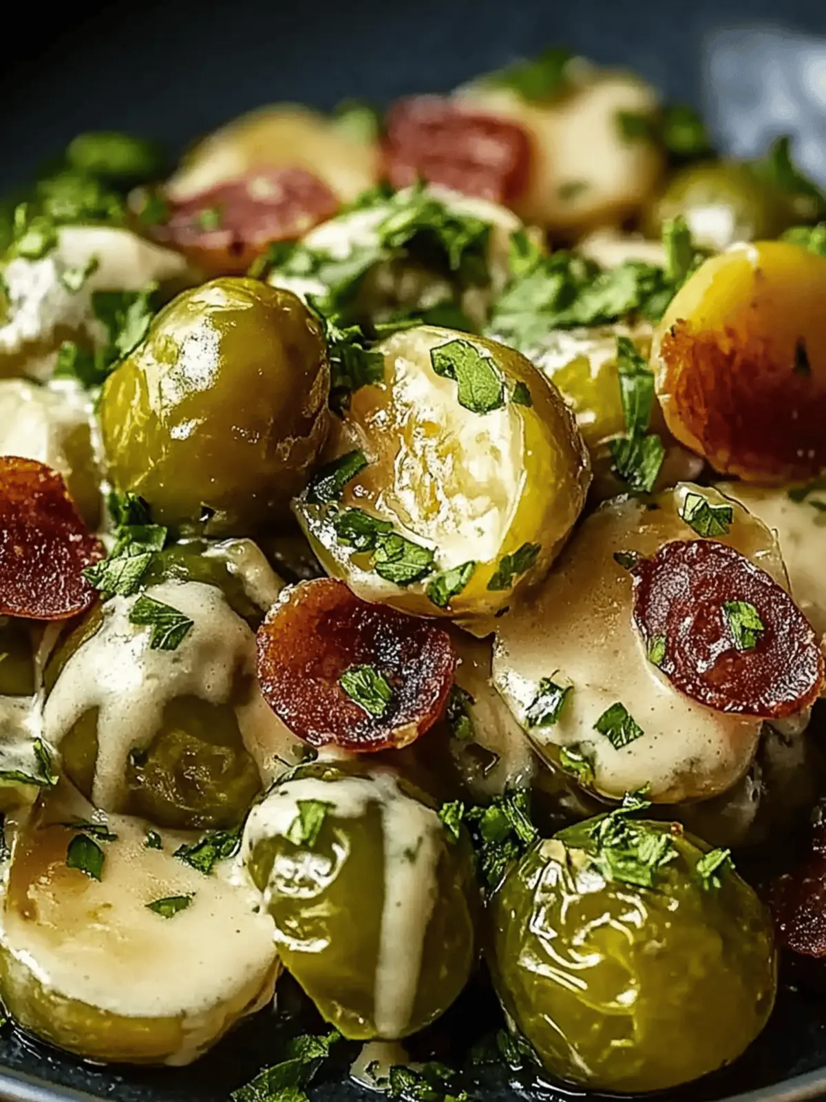 Gebratene Rosenkohl mit Speck und Senfsoße