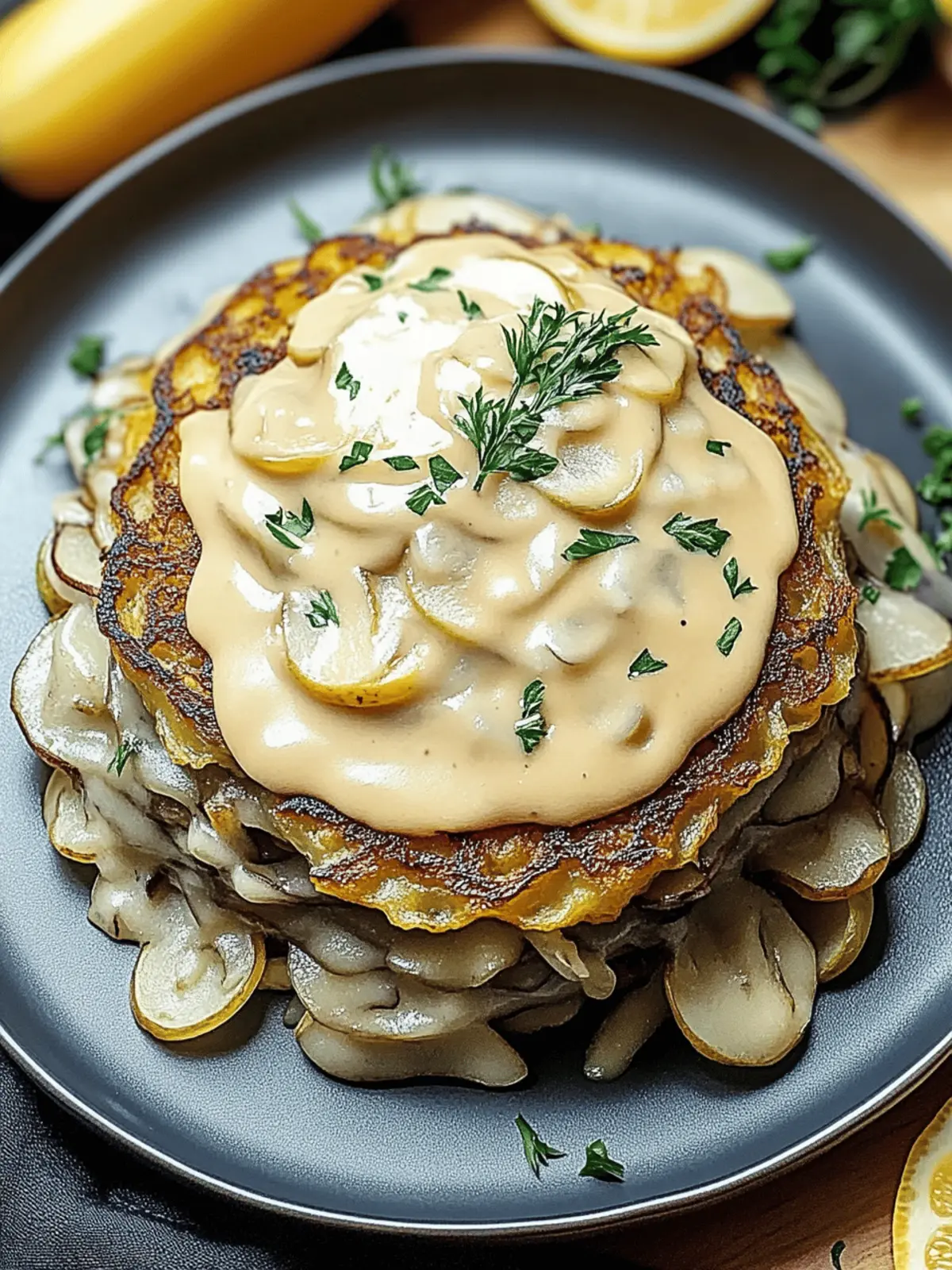 Entdecken Sie Mozzarella-Rösti mit Zwiebel- und Pilzrahmsauce