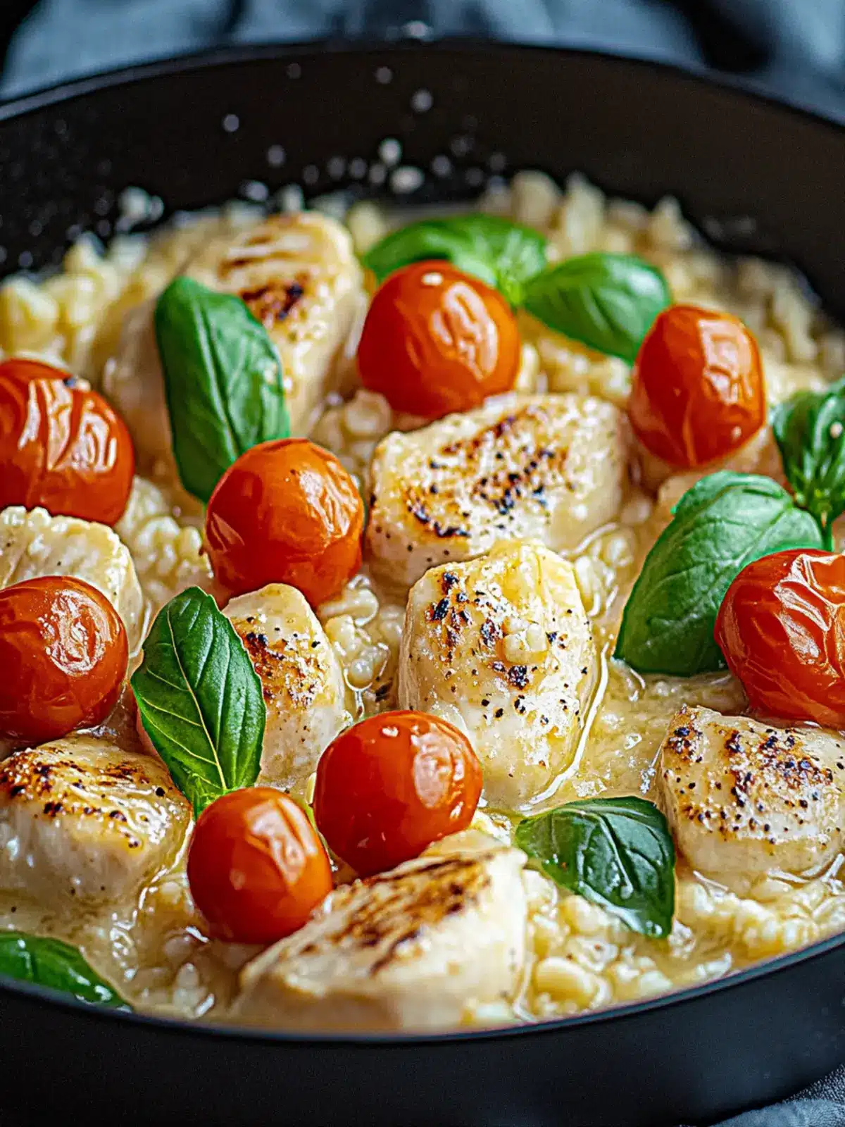 Cremiges Hähnchen-Reis-Pfannengericht mit Mozzarella 3 Cremiges Hähnchen-Reis-Pfannengericht mit Tomaten und Mozzarella