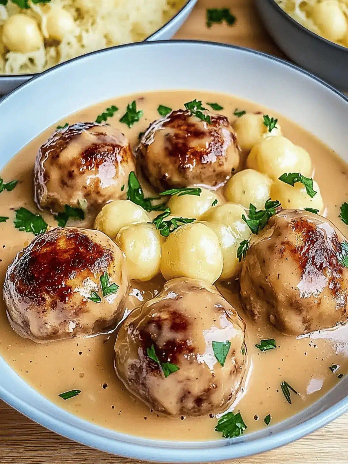 Leckere Fleischbällchen in cremiger Sauce genießen 2 Fleischbällchen in einer cremigen Sauce