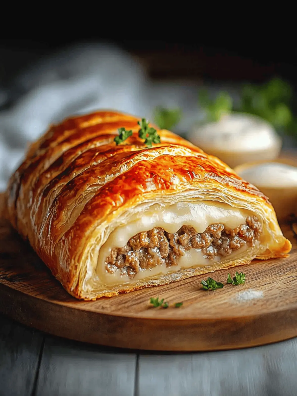 Hackfleisch- und Käse-Blätterteigrolle