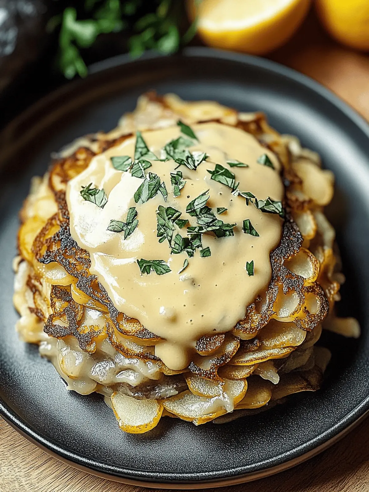 Entdecken Sie Mozzarella-Rösti mit Zwiebel- und Pilzrahmsauce