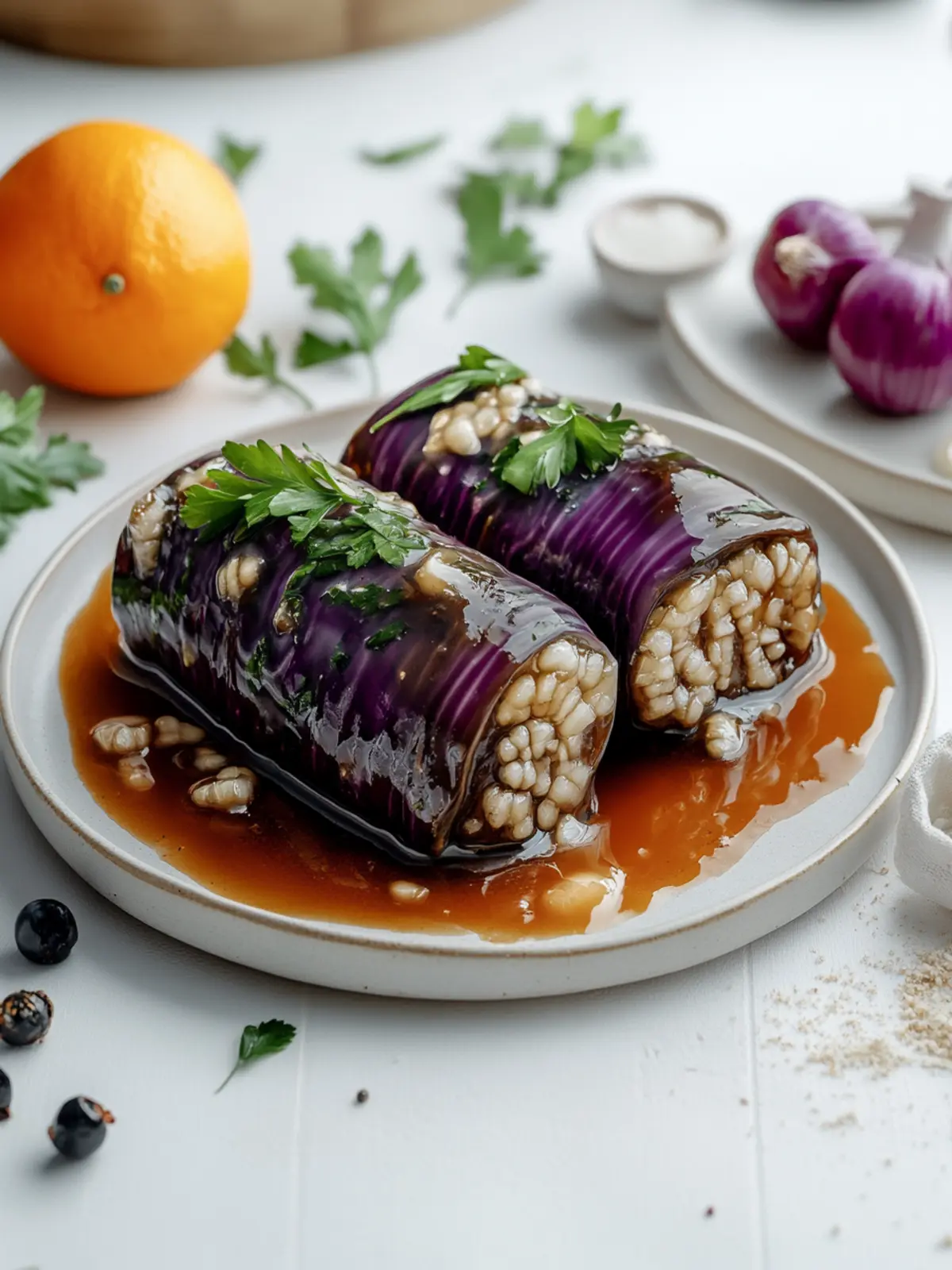 Rotkohl-Rollen gefüllt mit Reis für besondere Anlässe 2 Rotkohl-Rollen gefüllt mit Reis sind perfekt für besondere Anlässe