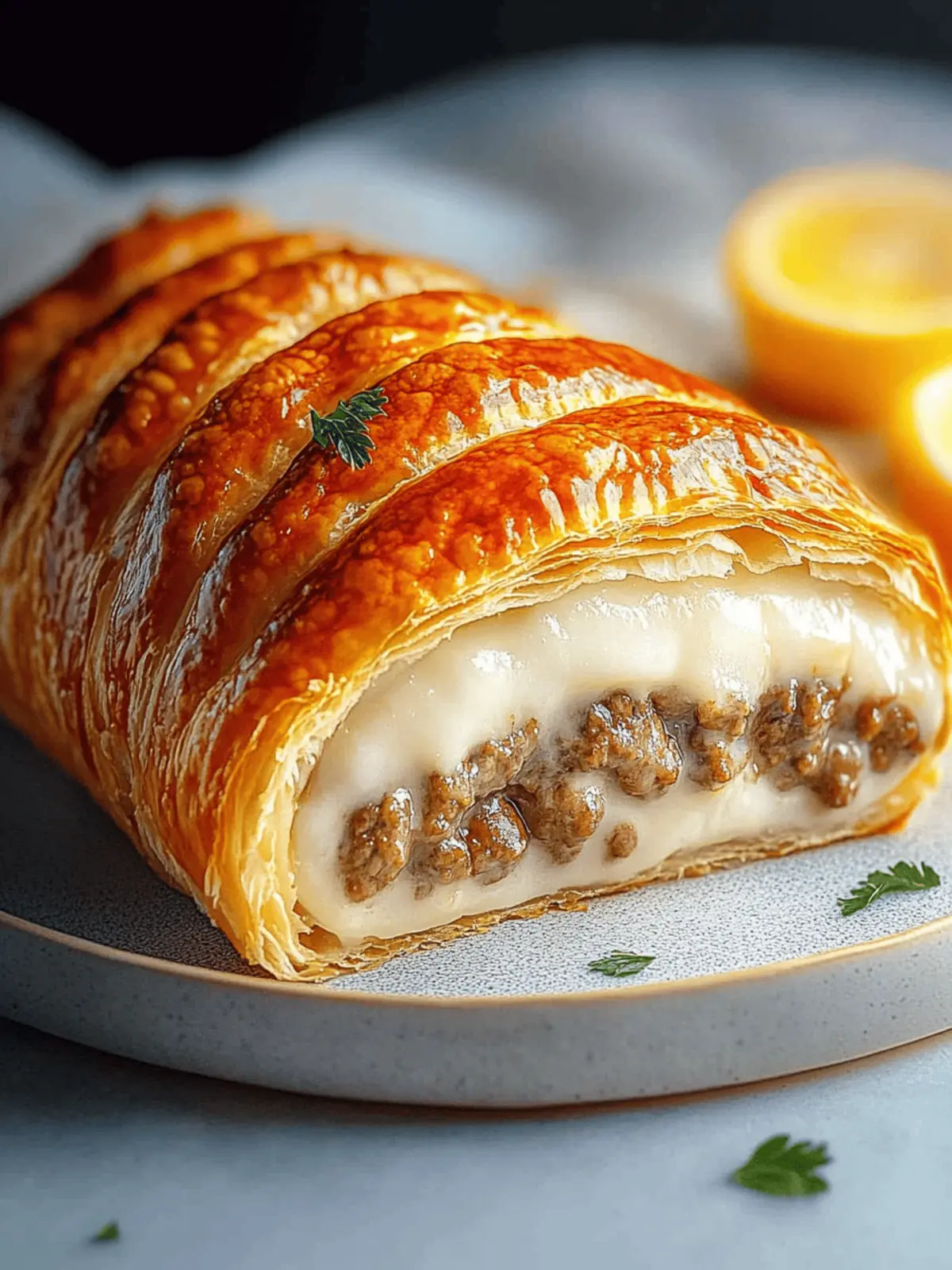 Hackfleisch- und Käse-Blätterteigrolle für die Familie 4 Hackfleisch- und Käse-Blätterteigrolle