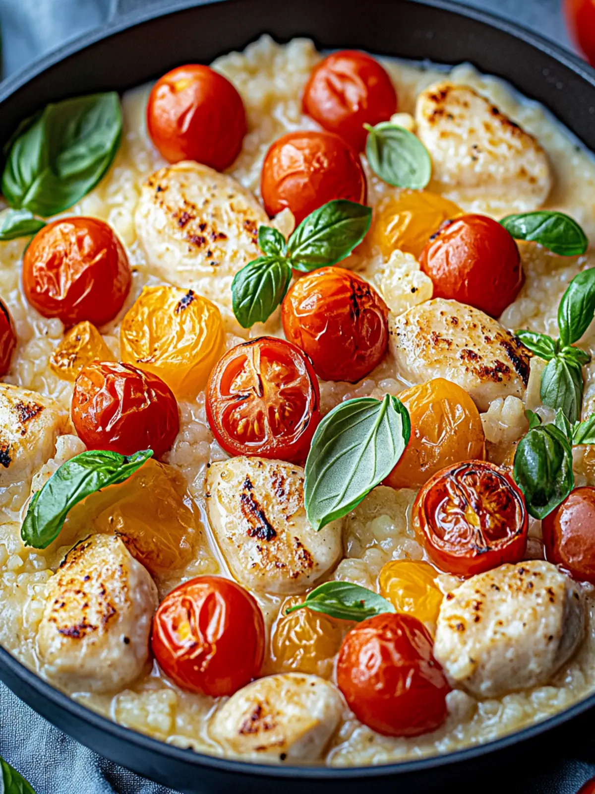 Cremiges Hähnchen-Reis-Pfannengericht mit Mozzarella 2 Cremiges Hähnchen-Reis-Pfannengericht mit Tomaten und Mozzarella