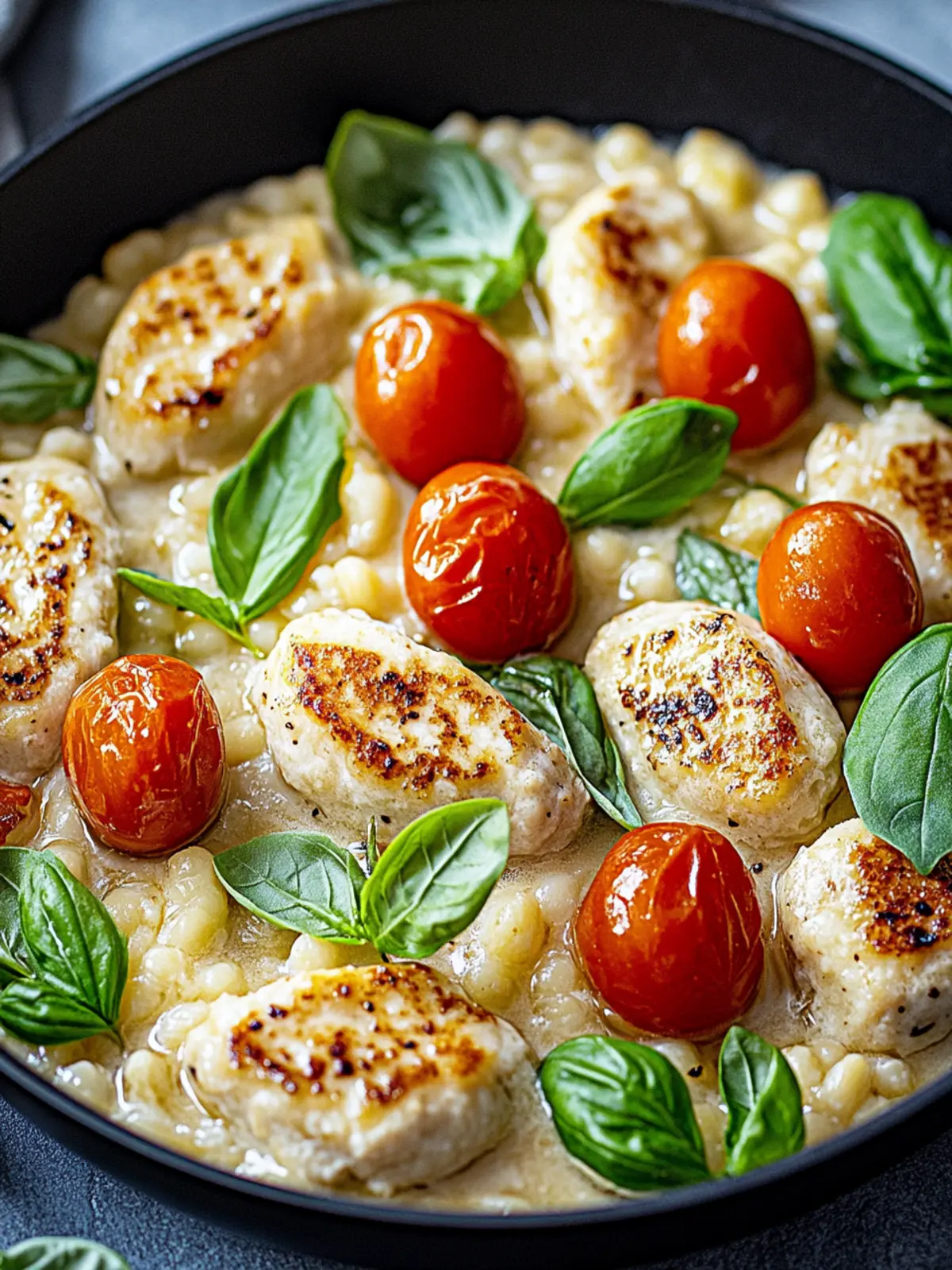 Cremiges Hähnchen-Reis-Pfannengericht mit Mozzarella 4 Cremiges Hähnchen-Reis-Pfannengericht mit Tomaten und Mozzarella