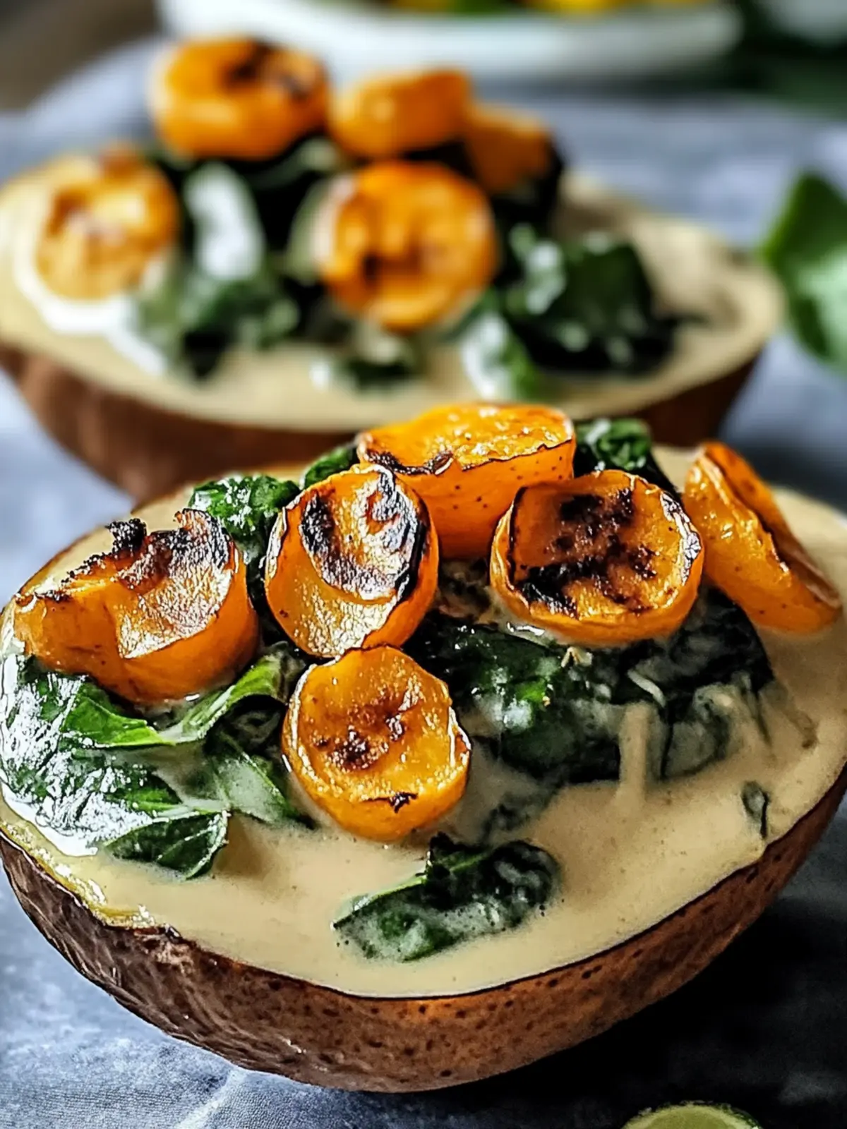 Cremige gefüllte Süßkartoffeln mit Pilzen und Spinat 2 Creamy, filled with mushrooms and spinach sweet potatoes