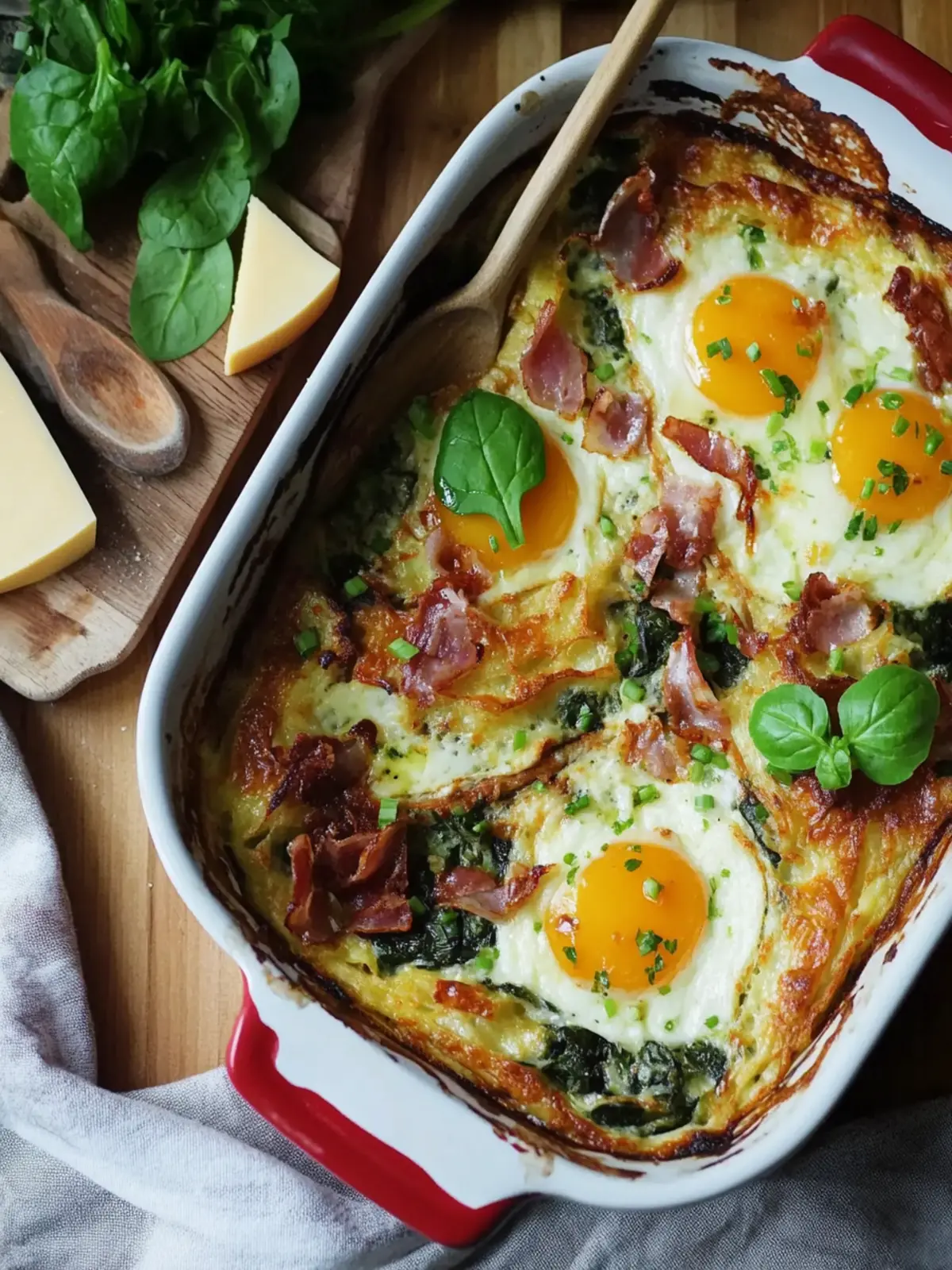 Spiegelei-Auflauf mit Schinken, Speck, Spinat, Käse 2 Spiegelei-Auflauf mit Schinken, Speck, Spinat und Käse