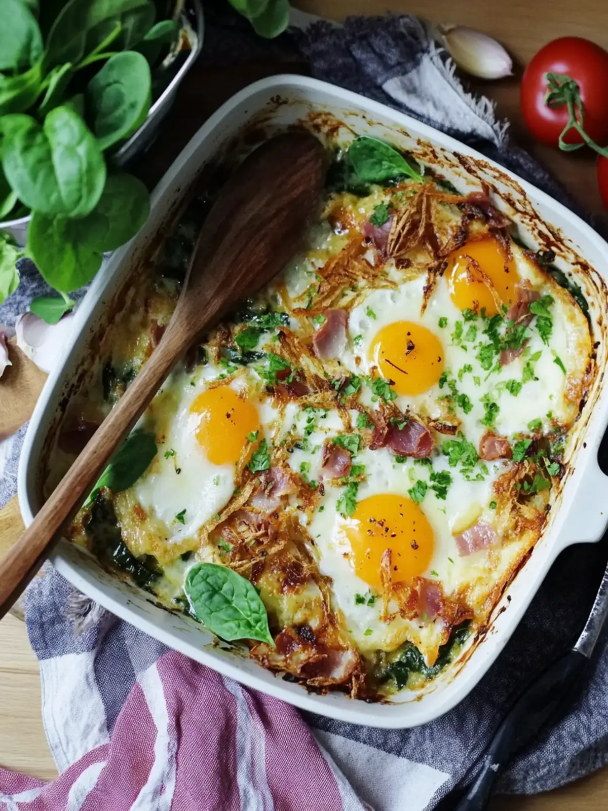 Spiegelei-Auflauf mit Schinken, Speck, Spinat, Käse 4 Spiegelei-Auflauf mit Schinken, Speck, Spinat und Käse