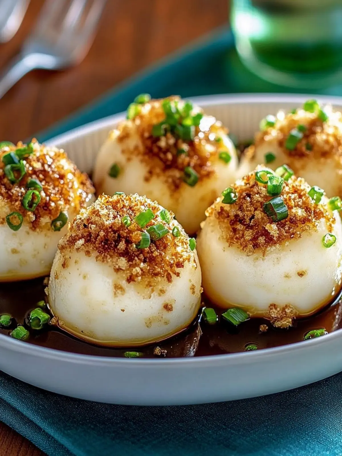 Herzhafte Kartoffelknödel in Soße mit Brösel-Knusper 2 Herzhafte Kartoffelknödel in Soße mit gebutterten Semmelbröseln