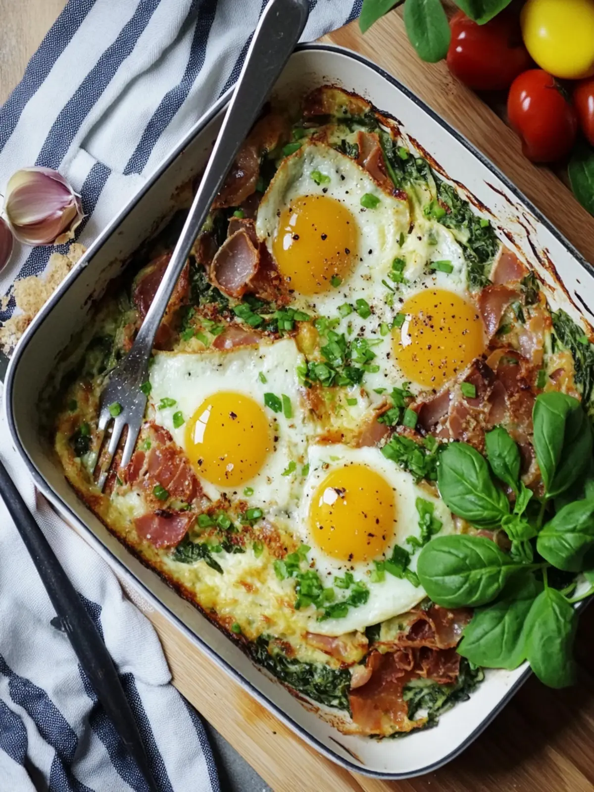 Spiegelei-Auflauf mit Schinken, Speck, Spinat, Käse 5 Spiegelei-Auflauf mit Schinken, Speck, Spinat und Käse