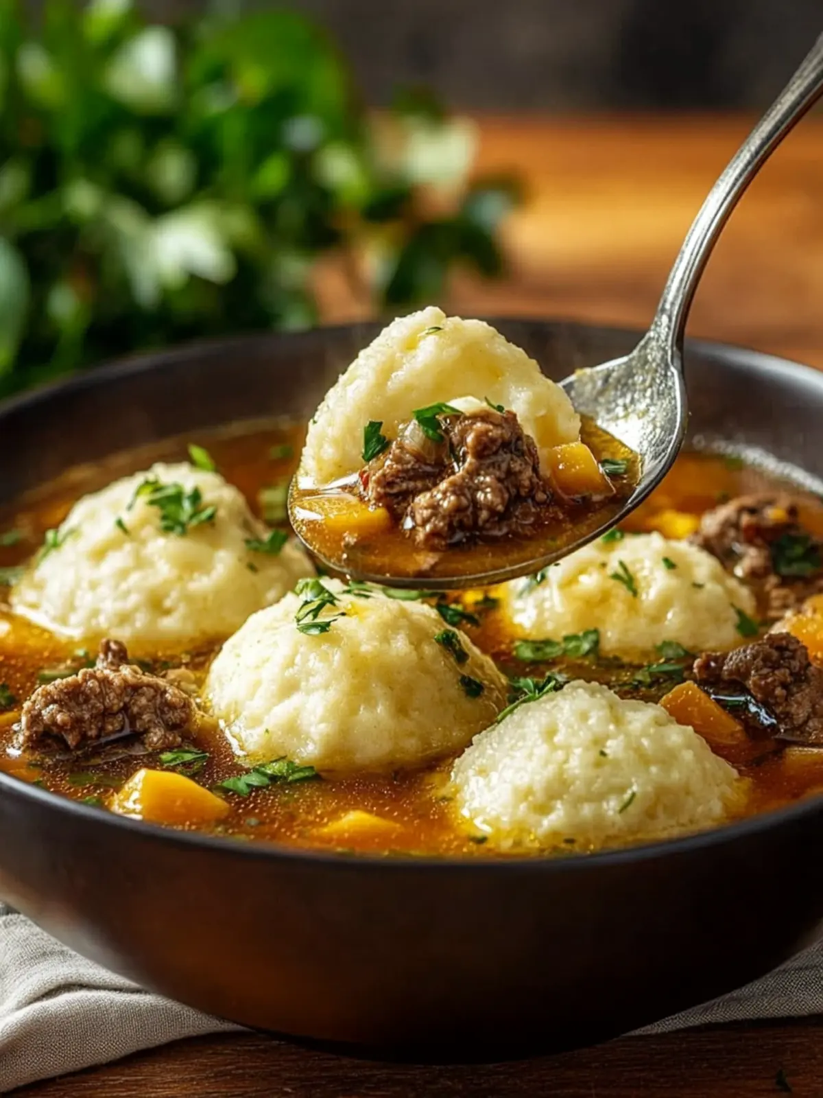 Herzhafter Rindereintopf mit Kräuterknödeln